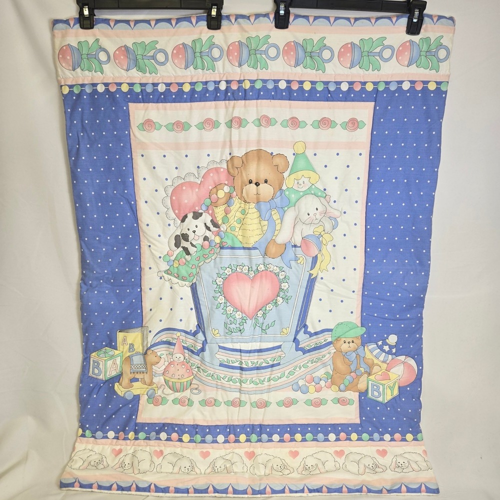 Baby Crib Nursery Blanket Teddy Bear Toy Theme 32" x 42" Blue Vintage FUC READ